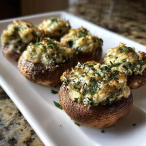 A platter of golden brown stuffed mushrooms, generously filled and topped with fresh green herbs.