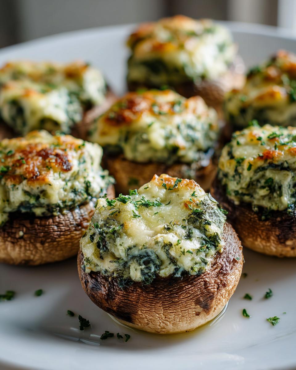 A close-up of several golden-brown stuffed mushrooms filled with a creamy spinach and cheese mixture, garnished with fresh parsley.
