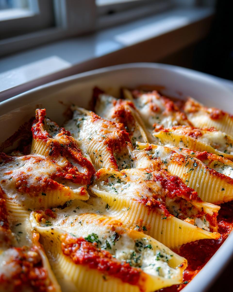 Close-up of baked stuffed shells pasta dish, topped with marinara sauce and melted cheese, sprinkled with parsley.
