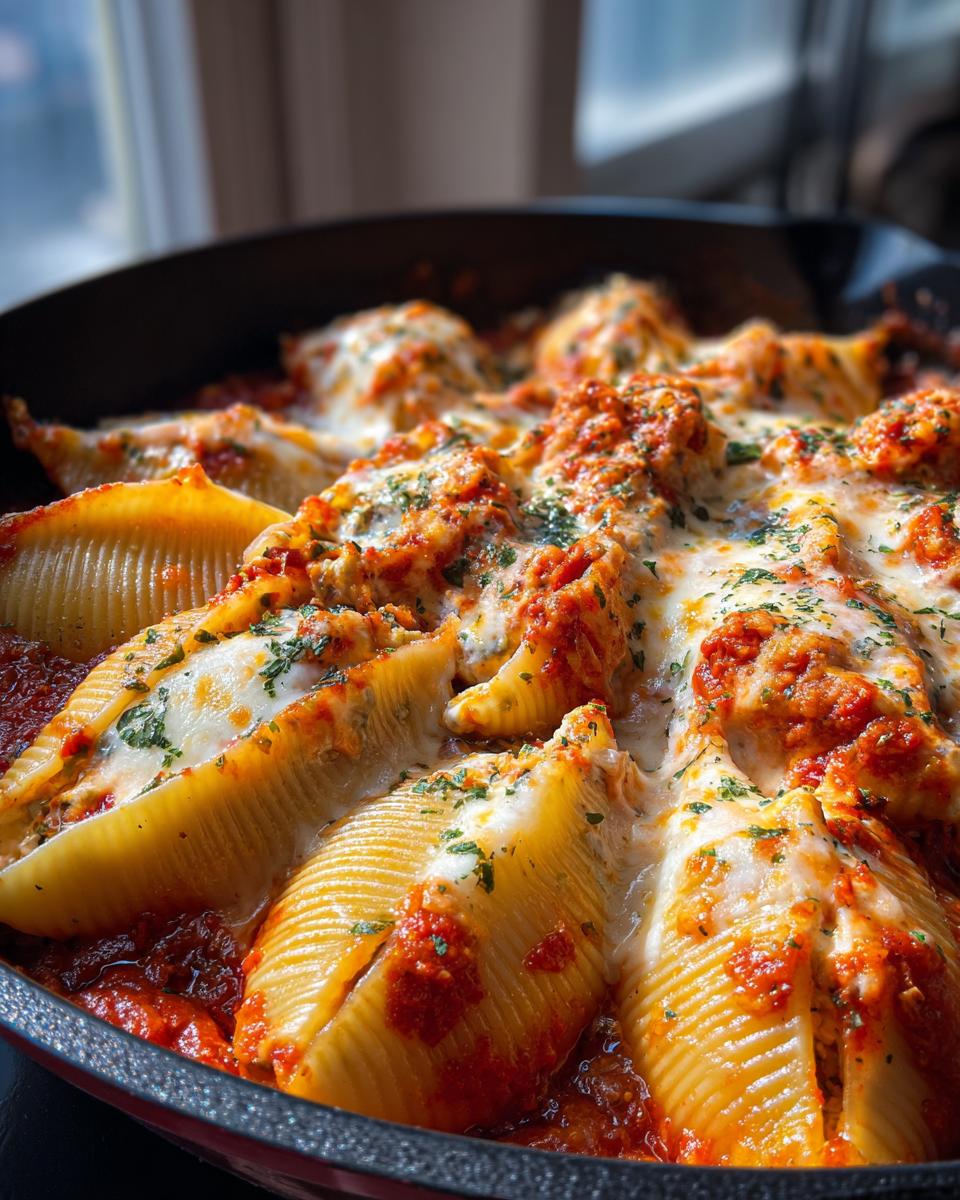 Close-up of baked stuffed shells in a skillet, covered in marinara sauce and melted cheese, sprinkled with parsley.