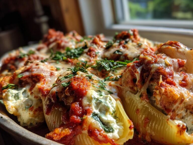 Close-up of baked stuffed shells topped with marinara sauce, melted cheese, and fresh parsley.