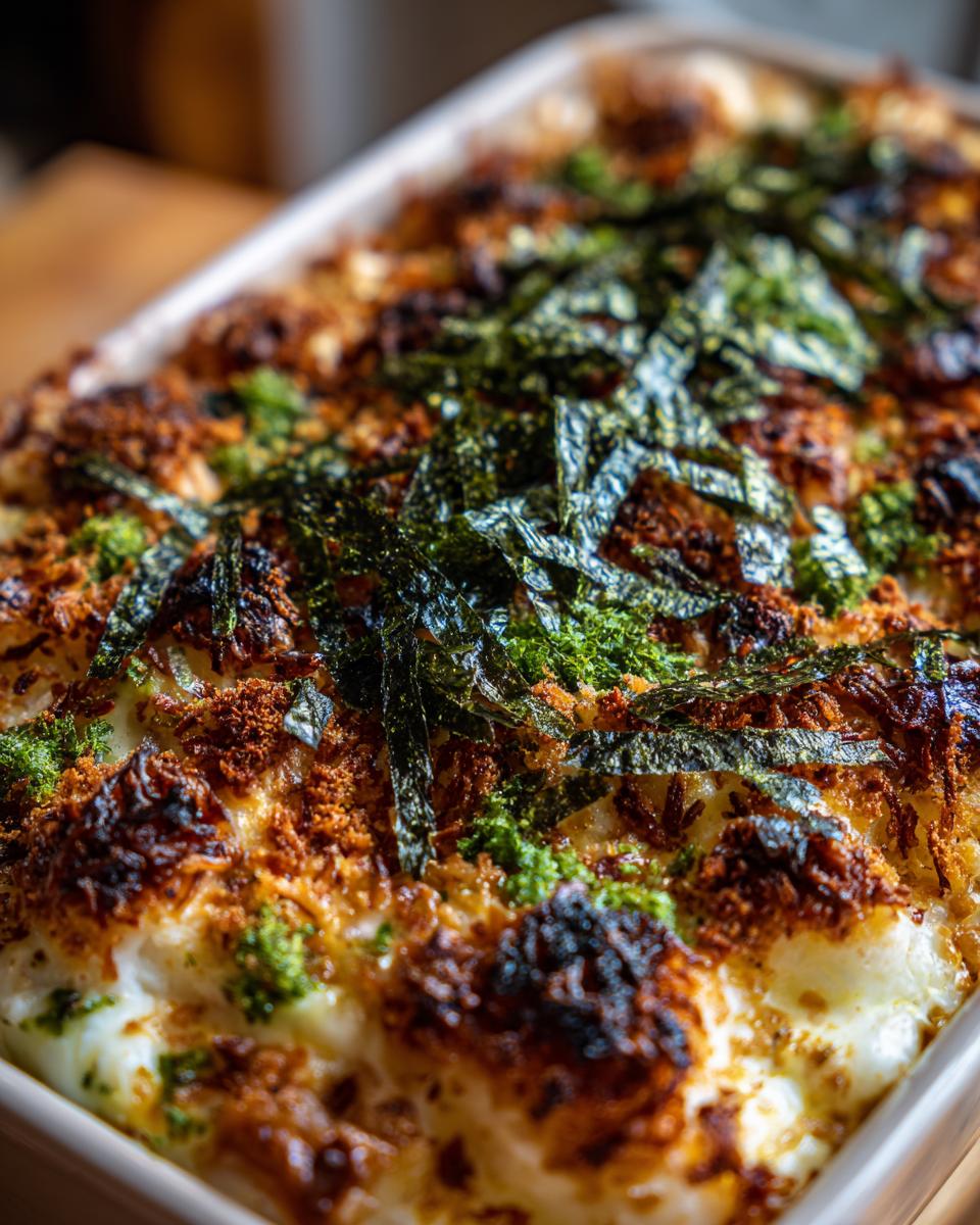 Close-up of a golden brown Sushi Bake in a white baking dish, topped with nori and green onions.