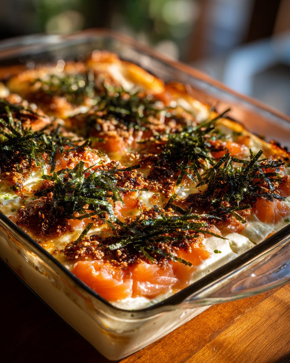 Close-up of a baked dish with layers of creamy sauce, fresh salmon slices, and crispy nori seaweed, showcasing the viral Sushi Bake.
