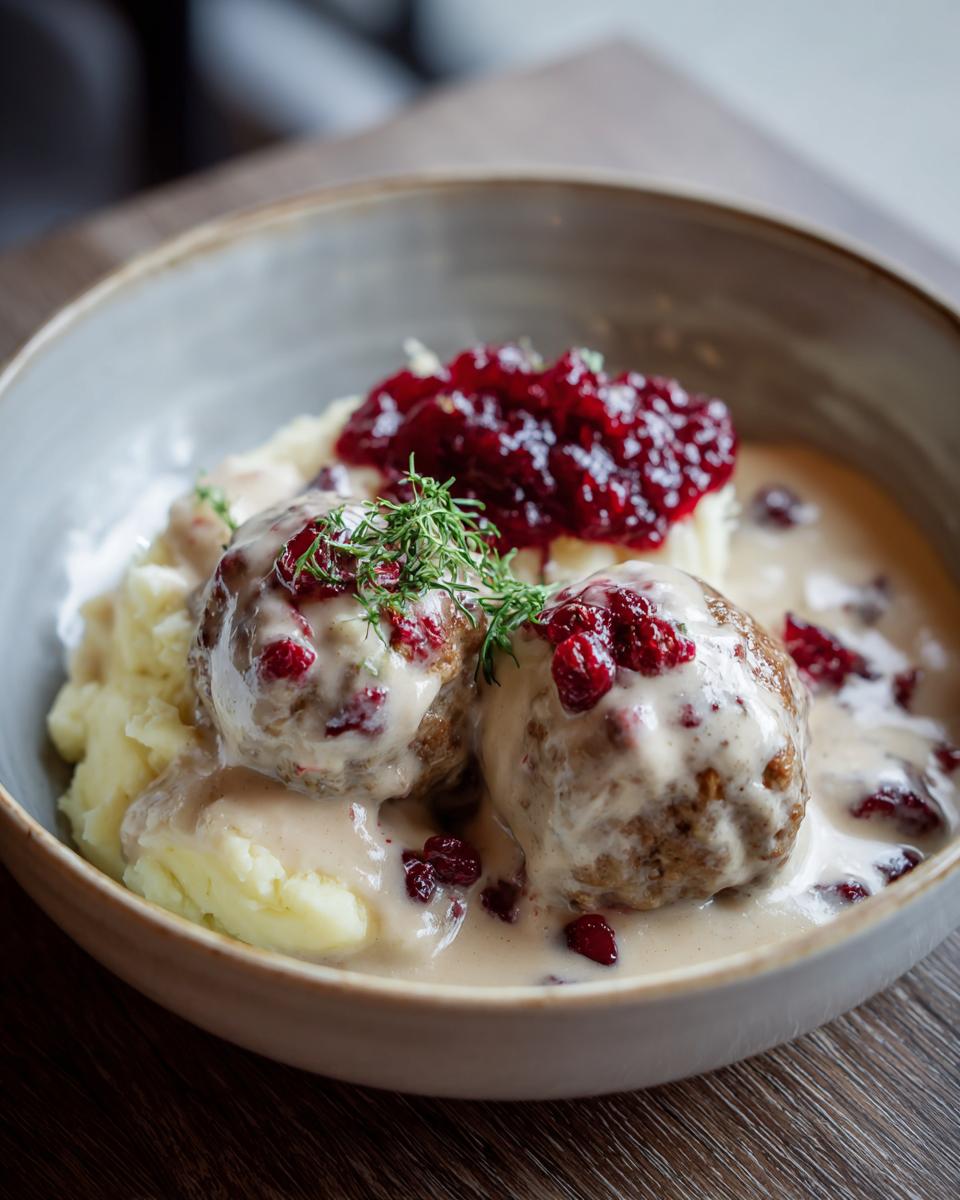 Close-up of Swedish meatballs IKEA copycat served with creamy mashed potatoes and lingonberry sauce.