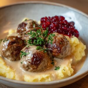 Close-up of Swedish meatballs IKEA copycat served with creamy mashed potatoes and lingonberry jam, garnished with parsley.