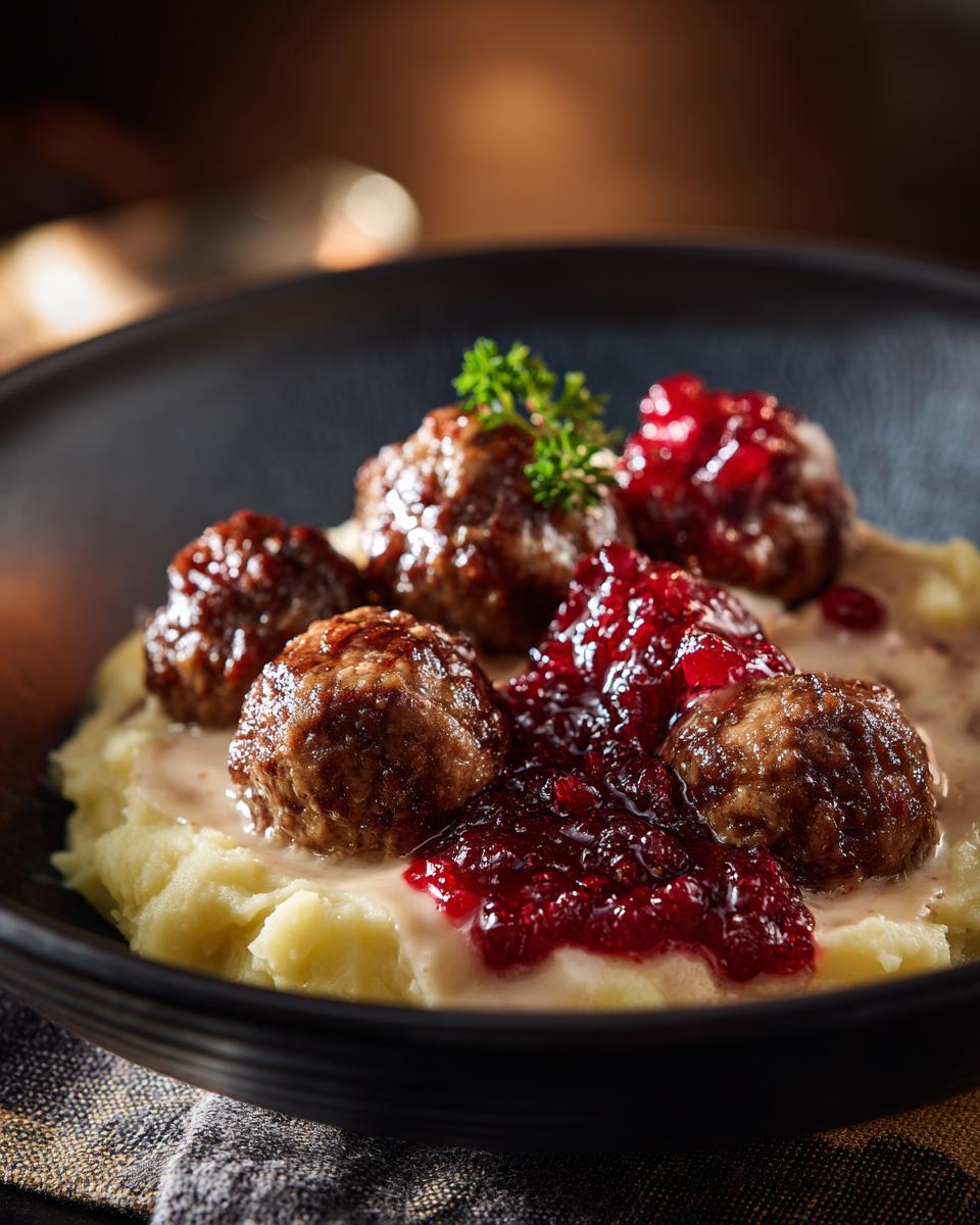 Close-up of Swedish meatballs IKEA copycat served over mashed potatoes with lingonberry sauce and a parsley garnish.