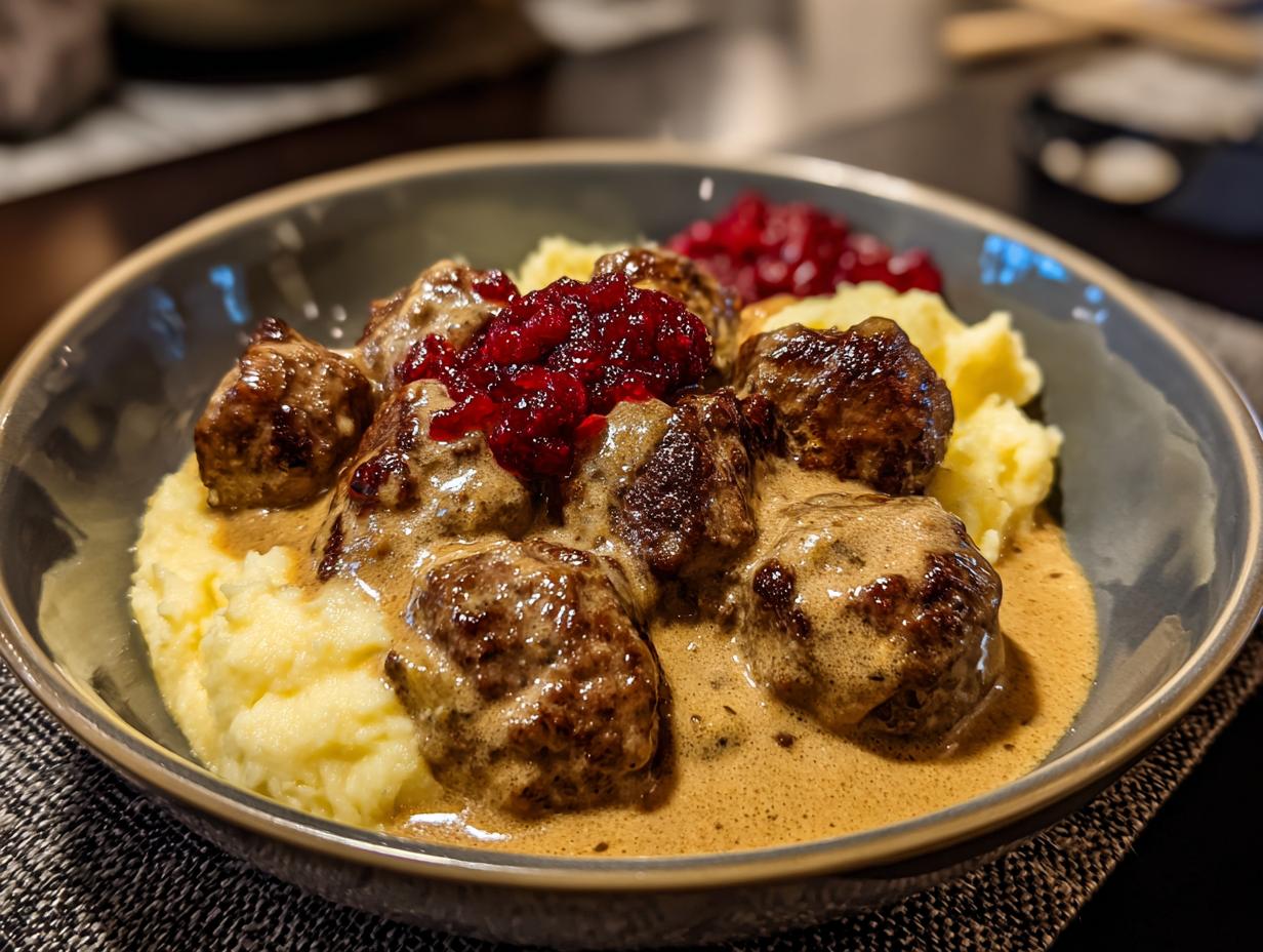 A bowl of Swedish meatballs IKEA copycat served with creamy mashed potatoes and lingonberry sauce.