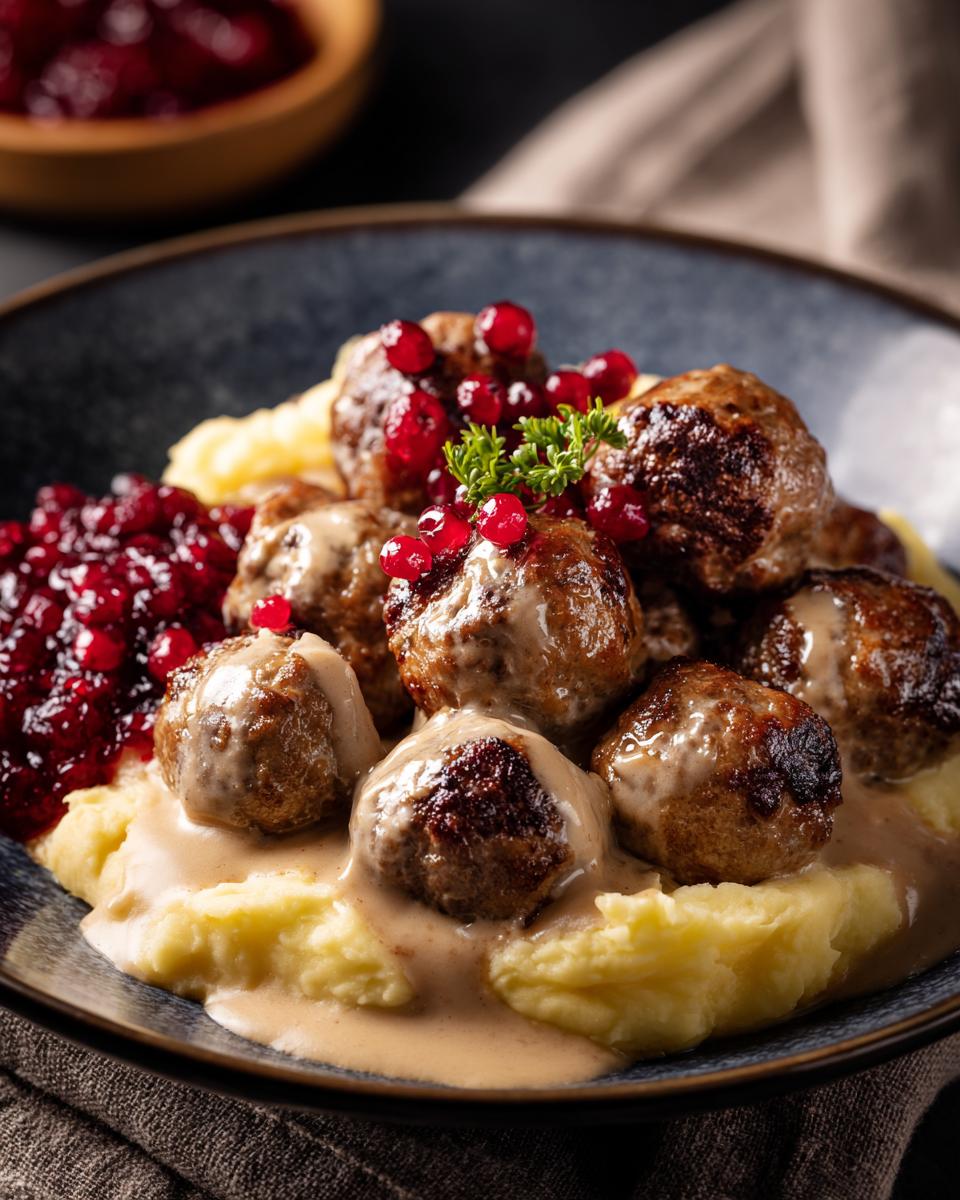 Close-up of delicious Swedish meatballs IKEA copycat served over creamy mashed potatoes, topped with lingonberry sauce and parsley.