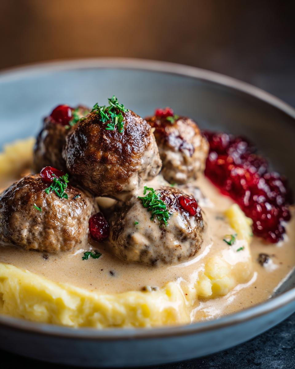 Close-up of delicious Swedish meatballs IKEA copycat served with creamy mashed potatoes and lingonberry sauce.