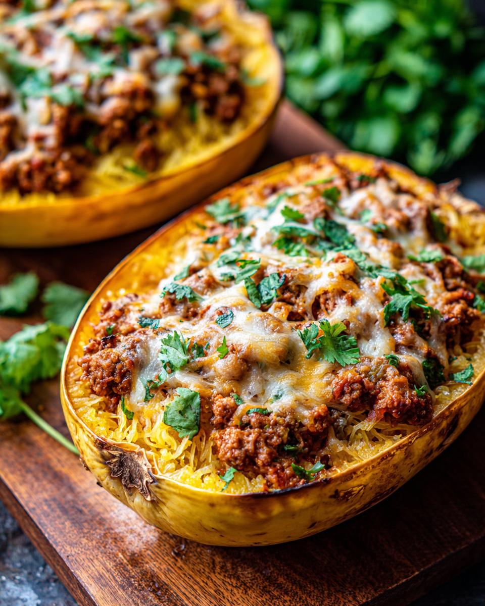 Close-up of a taco stuffed spaghetti squash, filled with seasoned ground meat and topped with melted cheese and fresh cilantro.