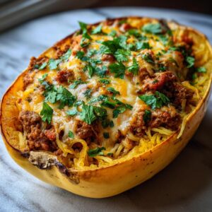 A close-up of a Taco Stuffed Spaghetti Squash, filled with seasoned ground meat and topped with melted cheese and fresh parsley.
