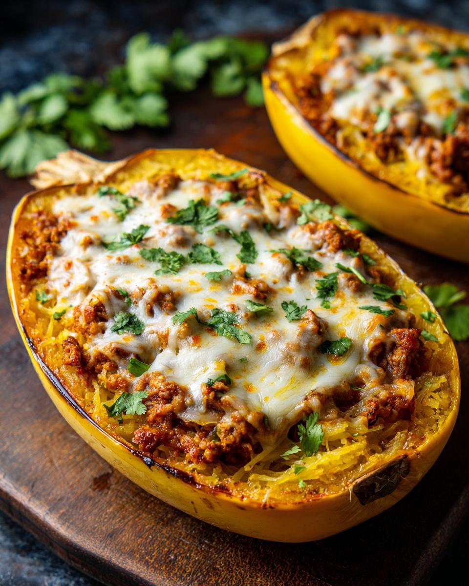 Close-up of a halved spaghetti squash filled with seasoned ground meat and topped with melted cheese and cilantro, showcasing the Taco Stuffed Spaghetti Squash.