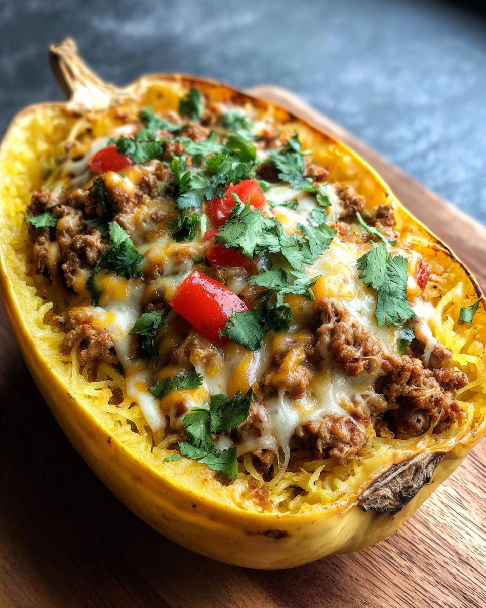A whole spaghetti squash halved and filled with seasoned ground meat, melted cheese, diced tomatoes, and fresh cilantro, known as Taco Stuffed Spaghetti Squash.