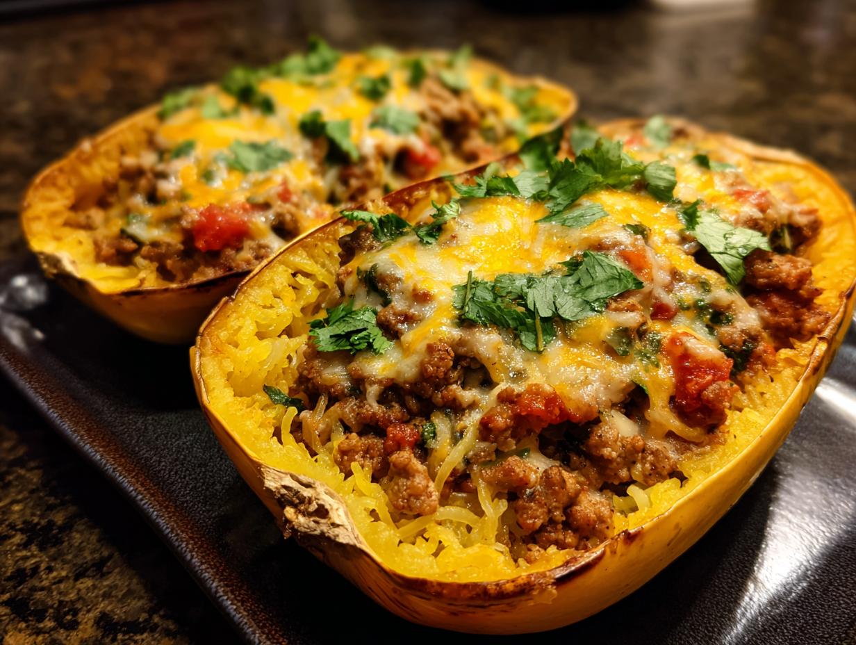 Two halves of taco stuffed spaghetti squash topped with melted cheese and cilantro.