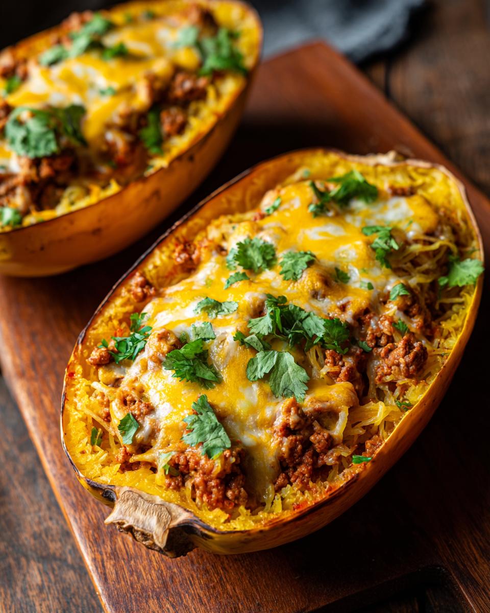 Two halves of Taco Stuffed Spaghetti Squash, topped with melted cheese and cilantro, served on a wooden board.