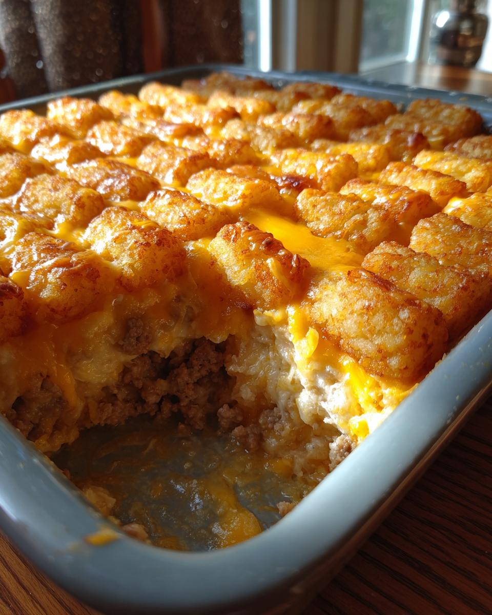 A close-up of a Tater Tot Casserole in a baking dish, showing golden brown tater tots and melted cheese.