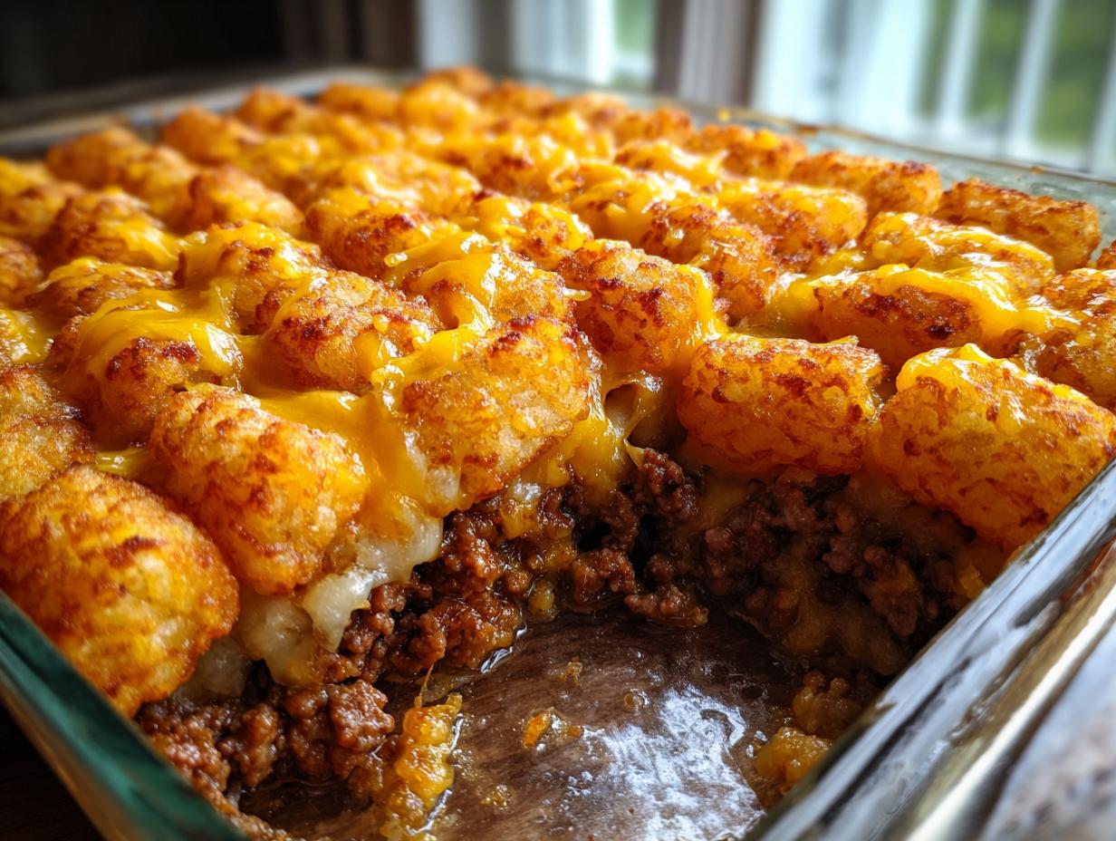 A close-up view of a bubbly Tater Tot Casserole in a glass baking dish, topped with golden brown tater tots and melted cheddar cheese.