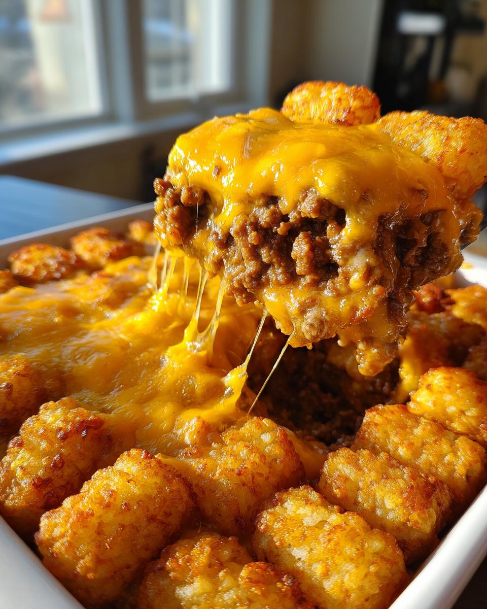 A scoop of cheesy Tater Tot Casserole with melted cheddar cheese and ground beef.