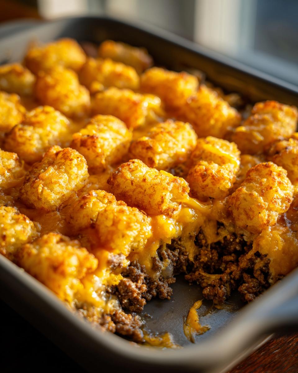 A close-up of a Tater Tot Casserole in a baking dish, showing golden-brown tater tots and melted cheese over seasoned ground beef.