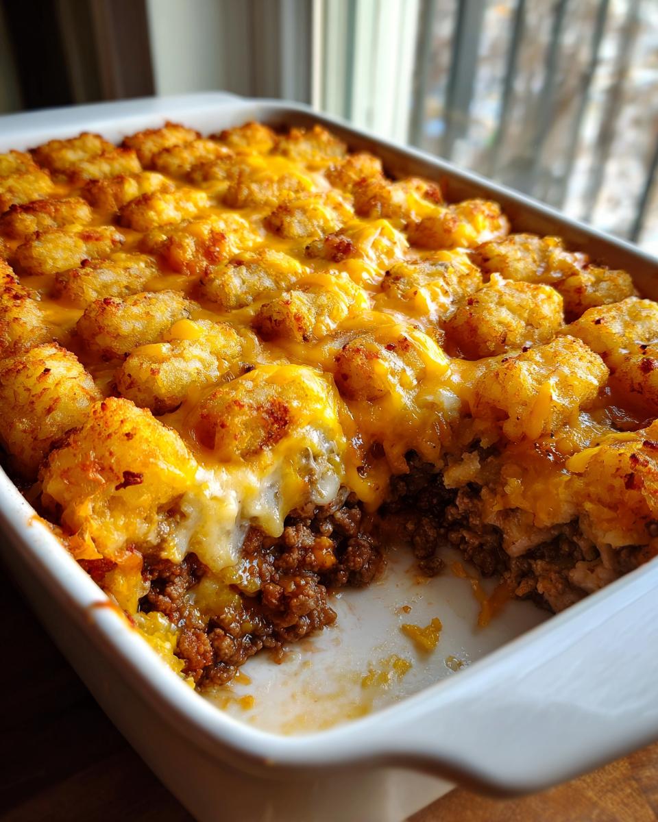 A close-up view of a Tater Tot Casserole in a white baking dish, showing golden brown tater tots and melted cheese over a savory ground meat filling.