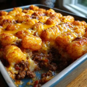 A close-up of a Tater Tot Casserole in a baking dish, topped with golden brown tater tots and melted cheddar cheese.