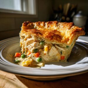 A generous slice of tender chicken pot pie, filled with chicken and vegetables, on a plate.