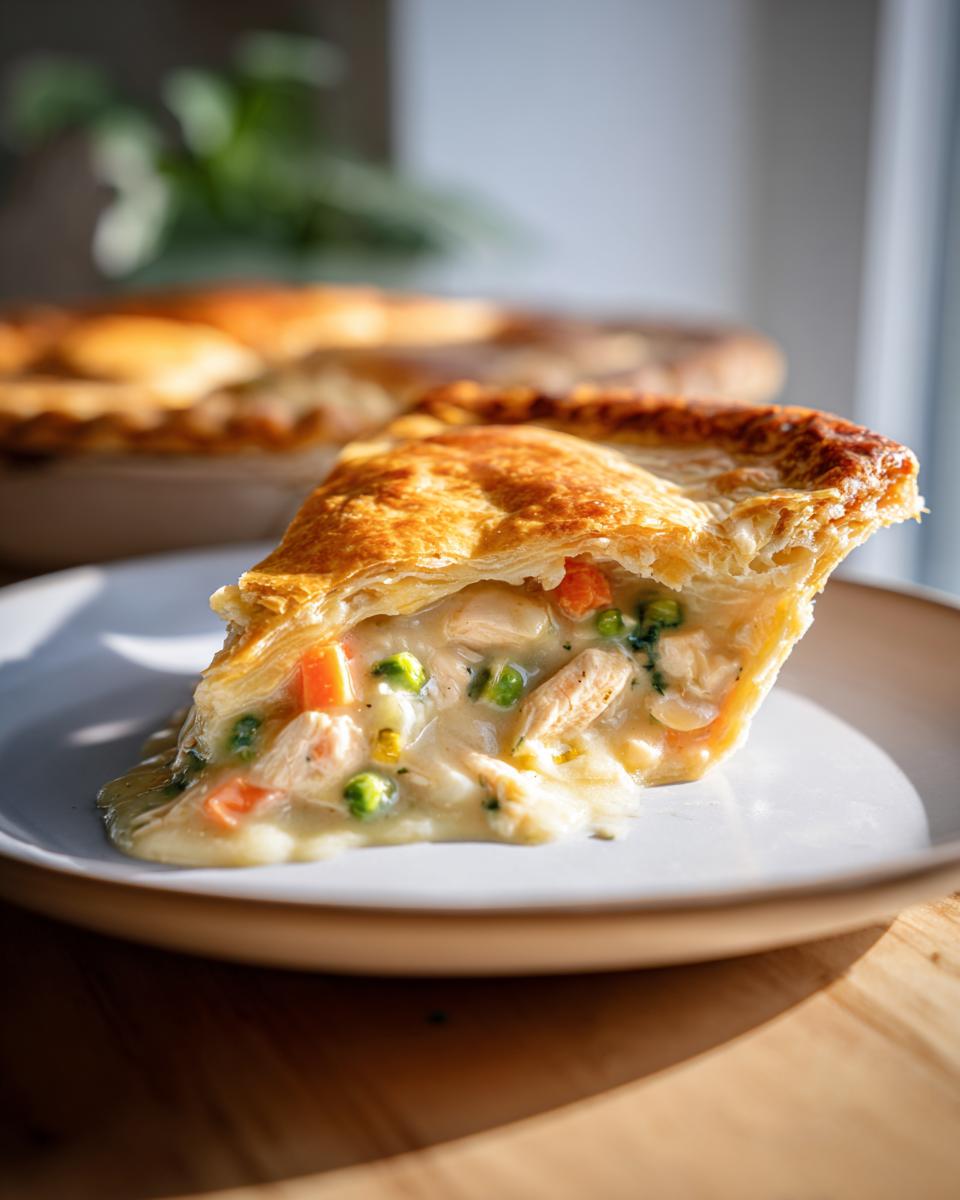 A close-up of a slice of tender chicken pot pie, showcasing a flaky golden crust filled with chicken, peas, and carrots in creamy sauce.