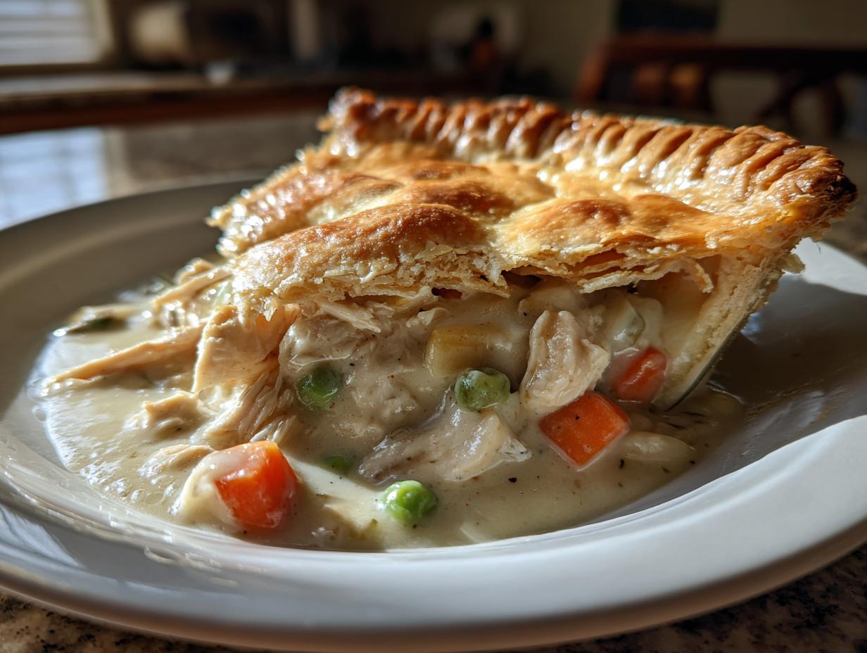 A close-up of a slice of tender chicken pot pie, showcasing flaky crust, shredded chicken, peas, and carrots in creamy sauce.
