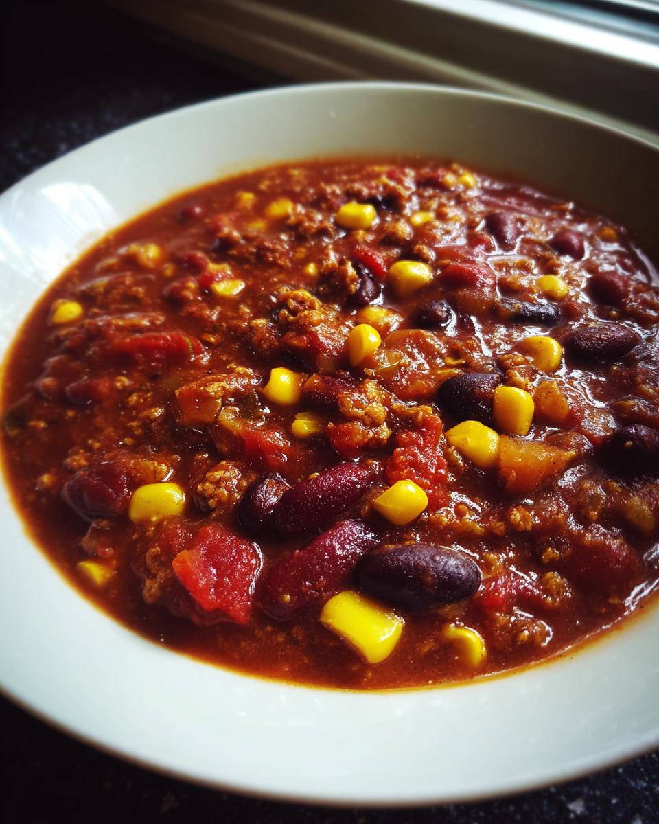A close-up of a bowl of hearty vegetarian chili, packed with kidney beans, corn, and tomatoes.