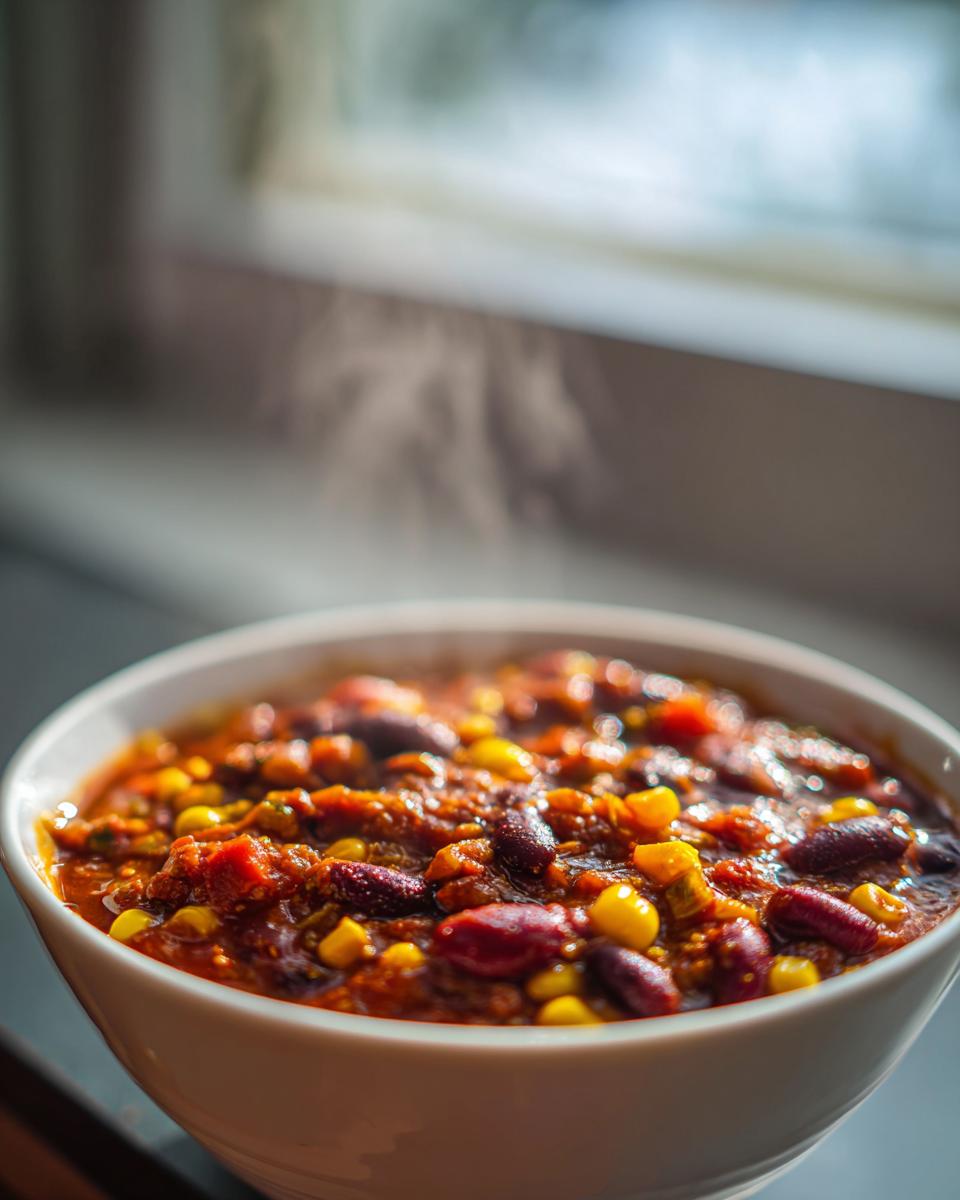 A close-up, steaming bowl of hearty vegetarian chili with kidney beans and corn.