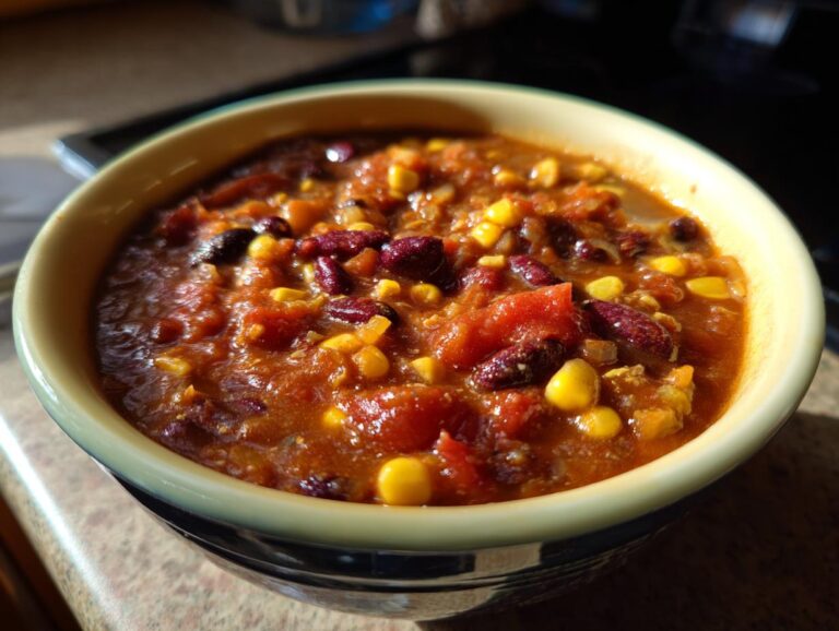 A close-up shot of a bowl filled with hearty vegetarian chili, featuring kidney beans, corn, and tomatoes.