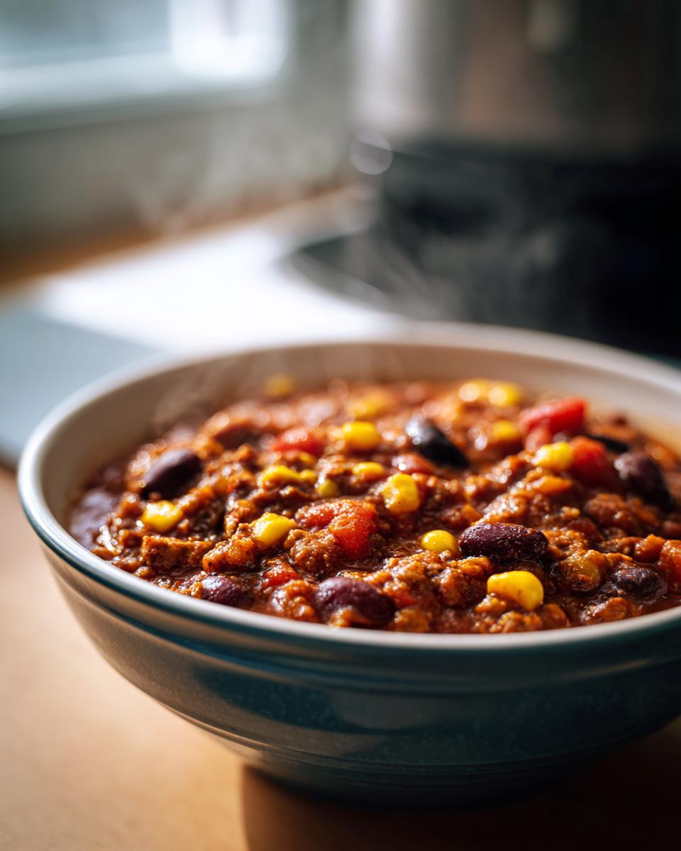 A close-up of a steaming bowl of hearty vegetarian chili, filled with beans, corn, and tomatoes.