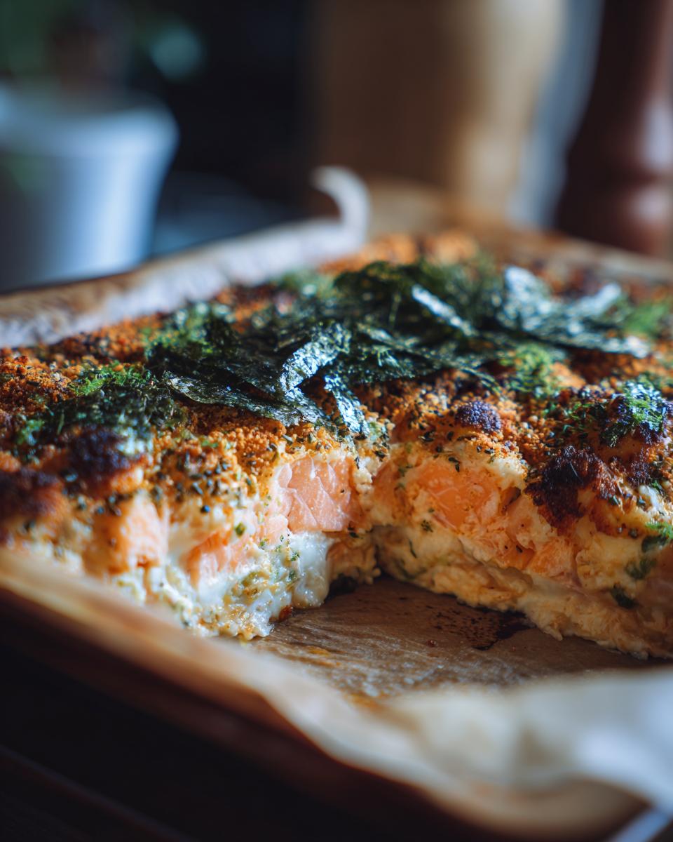 A close-up of a freshly baked Sushi Bake with chunks of salmon, creamy filling, and topped with nori seaweed and breadcrumbs.