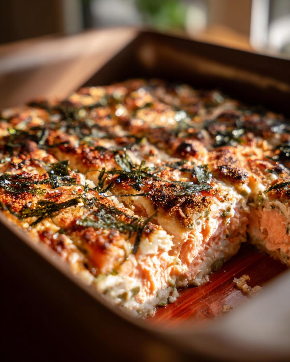 Close-up of a freshly baked Sushi Bake with layers of salmon, rice, and nori, ready to be served.