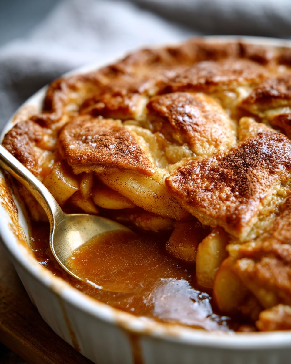 Close-up of warm apple dumplings in a white baking dish, with a spoon in the syrupy sauce.