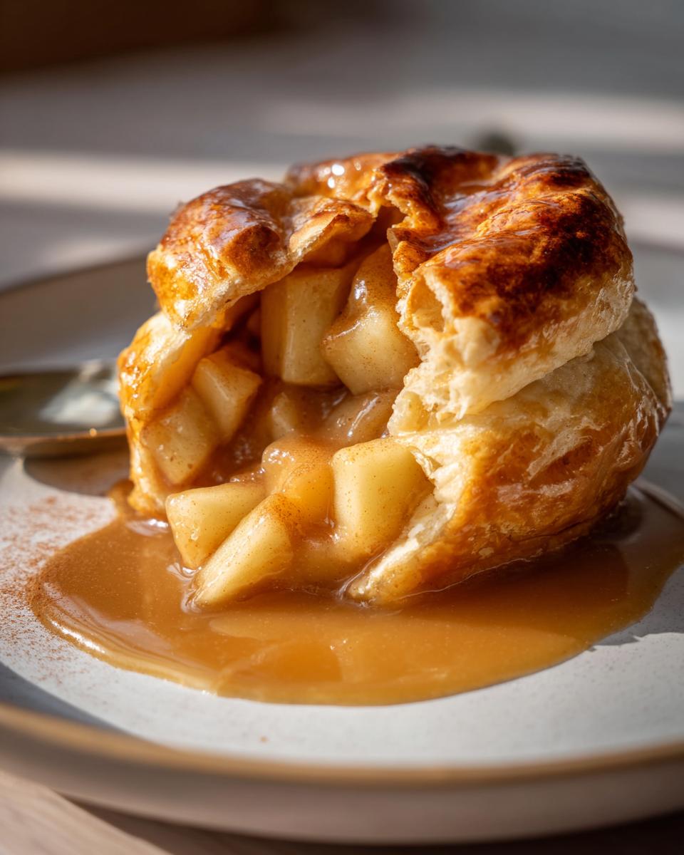 A close-up of a warm apple dumpling, with flaky pastry revealing tender apple pieces and drizzled with caramel sauce.