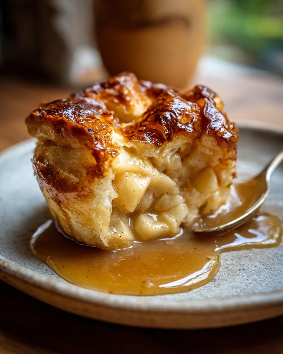 A close-up of a warm apple dumpling with flaky pastry and a rich caramel sauce, with a spoon taking a bite.