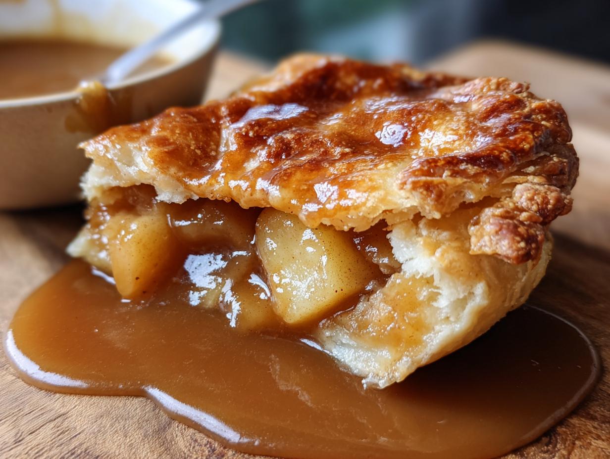 Close-up of a warm apple dumpling slice, showing tender apples and flaky pastry with caramel sauce.