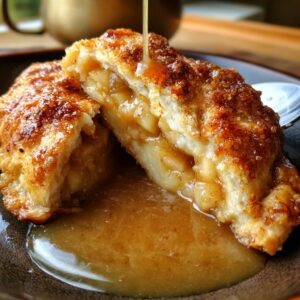 A warm apple dumpling cut in half, showing the tender apple filling and syrup being drizzled on top.