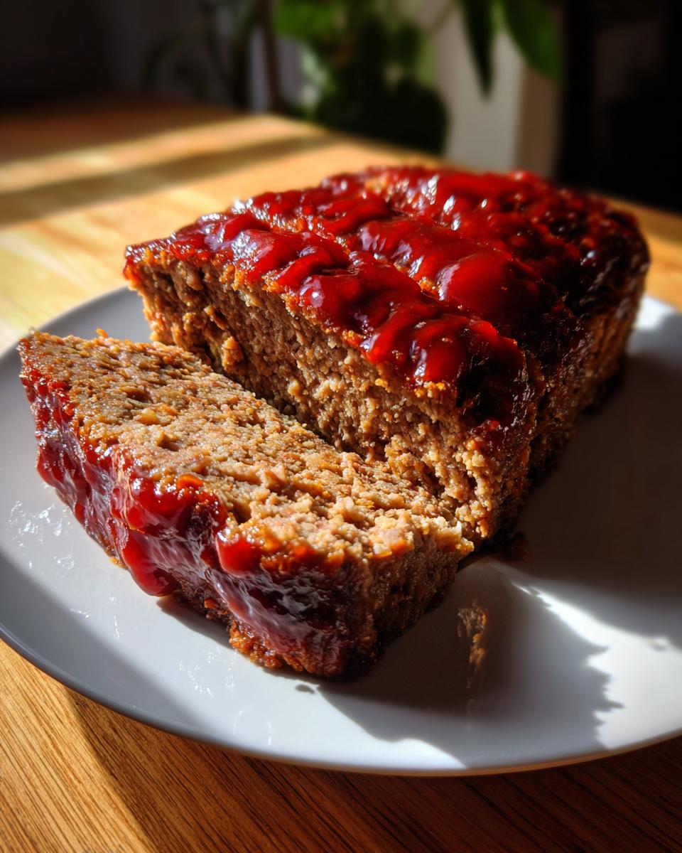 A slice of warm meatloaf topped with a glossy red glaze, served on a white plate.