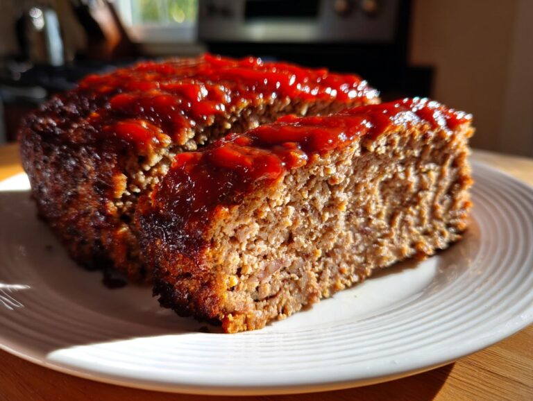 A slice of warm autumn meatloaf topped with a glossy ketchup glaze, served on a white plate.