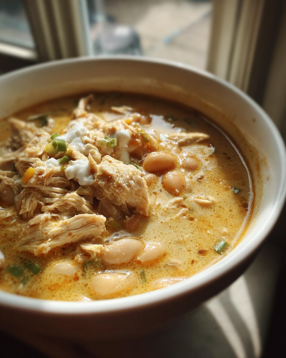 A close-up of a bowl of delicious White Chicken Chili, featuring shredded chicken, white beans, and a dollop of sour cream.