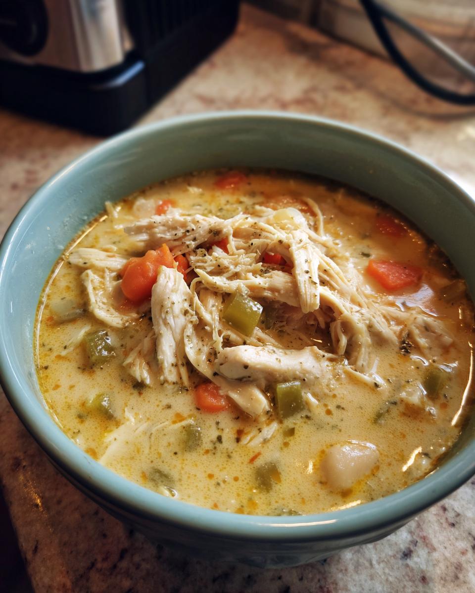 A close-up of a bowl of creamy White Chicken Chili, filled with shredded chicken, white beans, carrots, and celery.