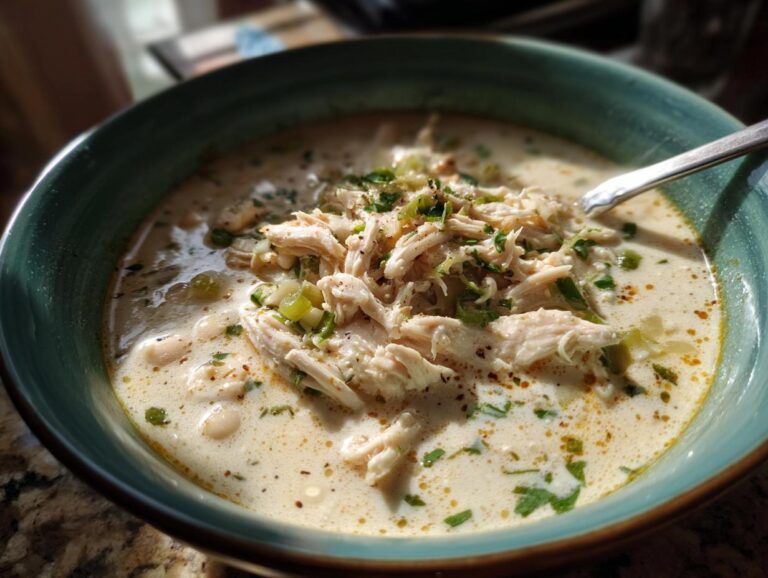 Close-up of a bowl of creamy white chicken chili topped with shredded chicken and fresh herbs.