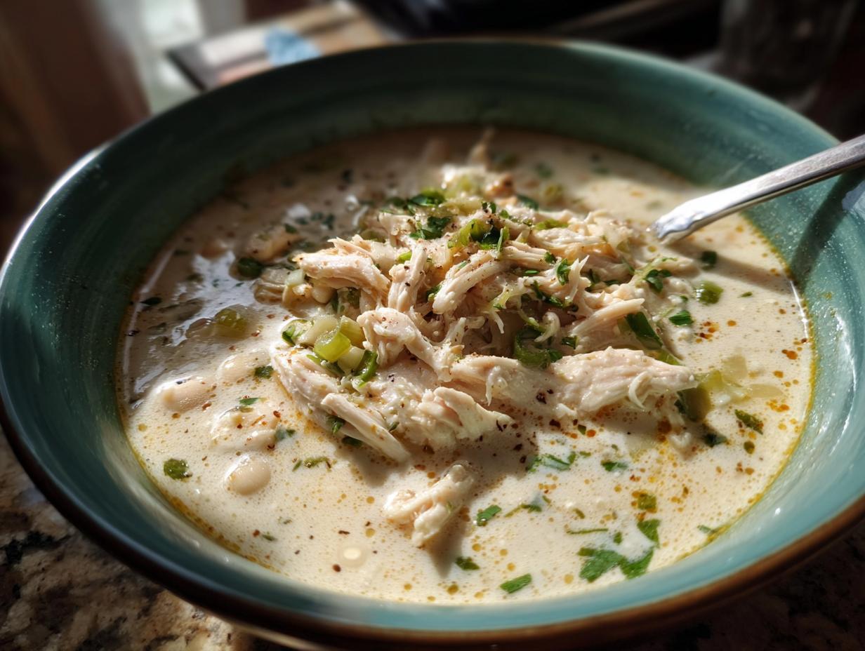 Close-up of a bowl of creamy white chicken chili topped with shredded chicken and fresh herbs.