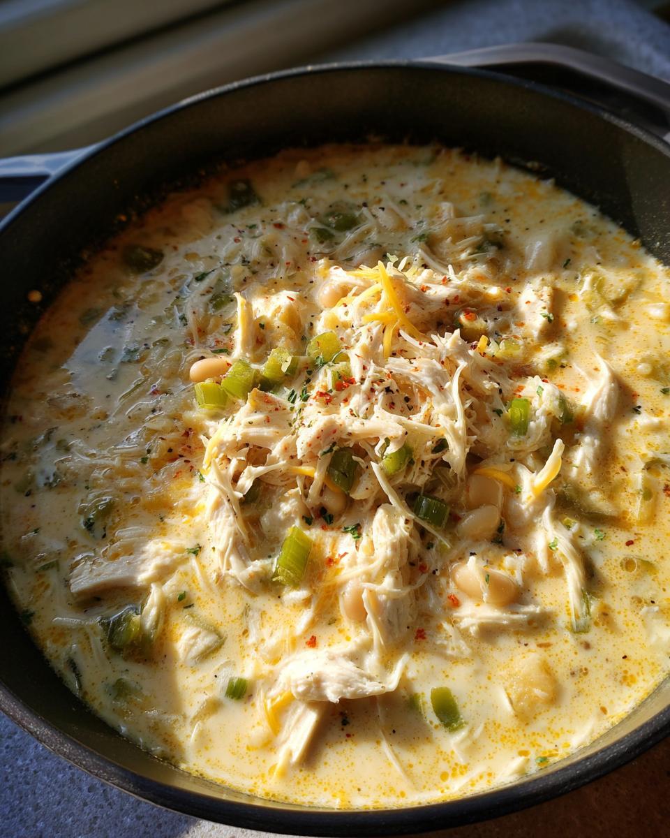 A close-up overhead view of a creamy White Chicken Chili in a black pot, topped with shredded chicken, white beans, green peppers, and shredded cheese.