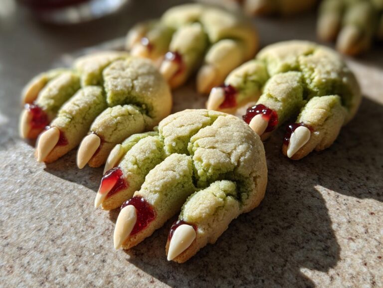 Close-up of green witch finger cookies with almond fingernails and red jam blood.