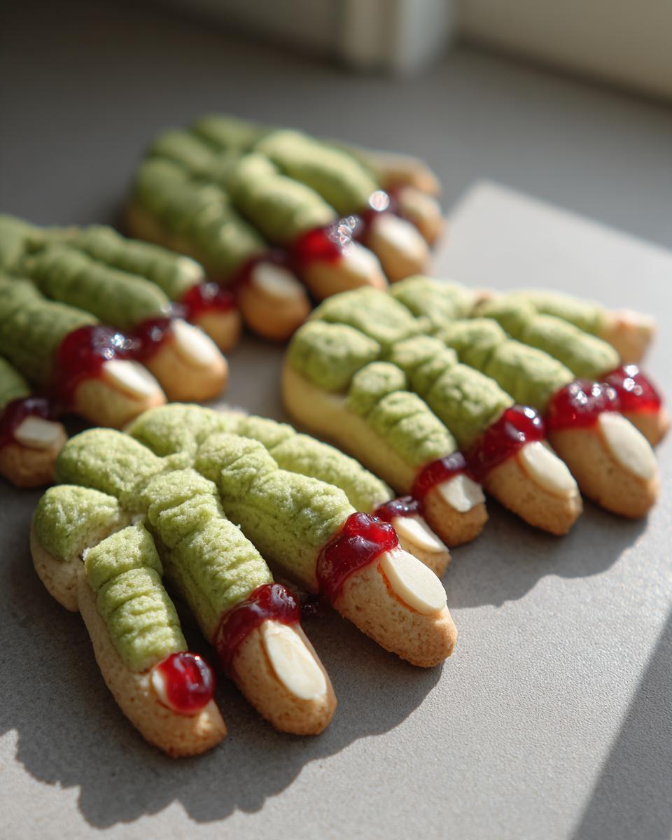 Close-up of several green witch finger cookies decorated with red jam and almond slivers for nails.