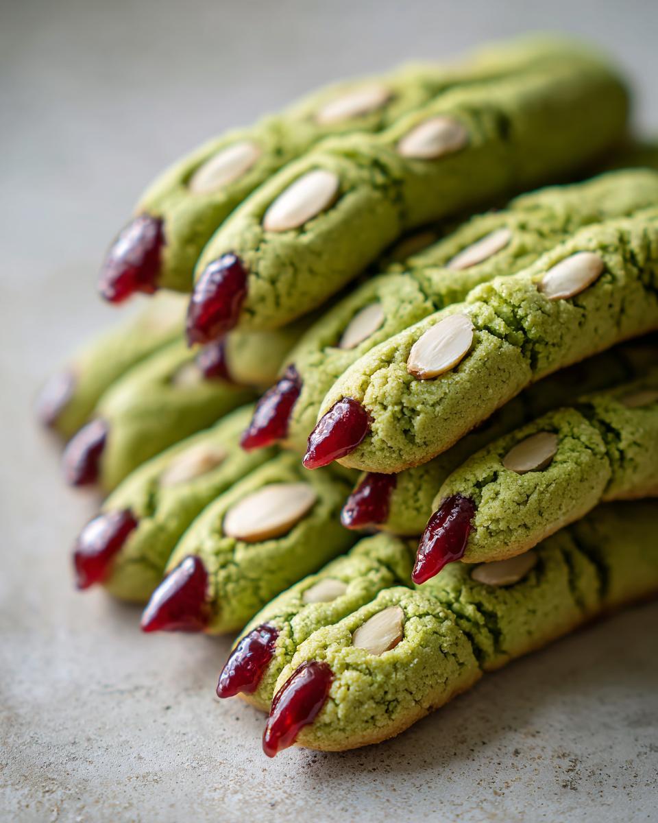 Close-up of a stack of green witch finger cookies, each with an almond fingernail and red jam dripping.