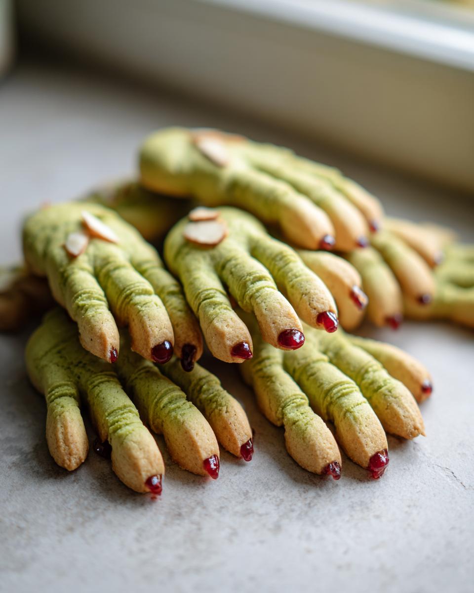A pile of green witch finger cookies with almond fingernails and red jam "blood" dripping from the tips.